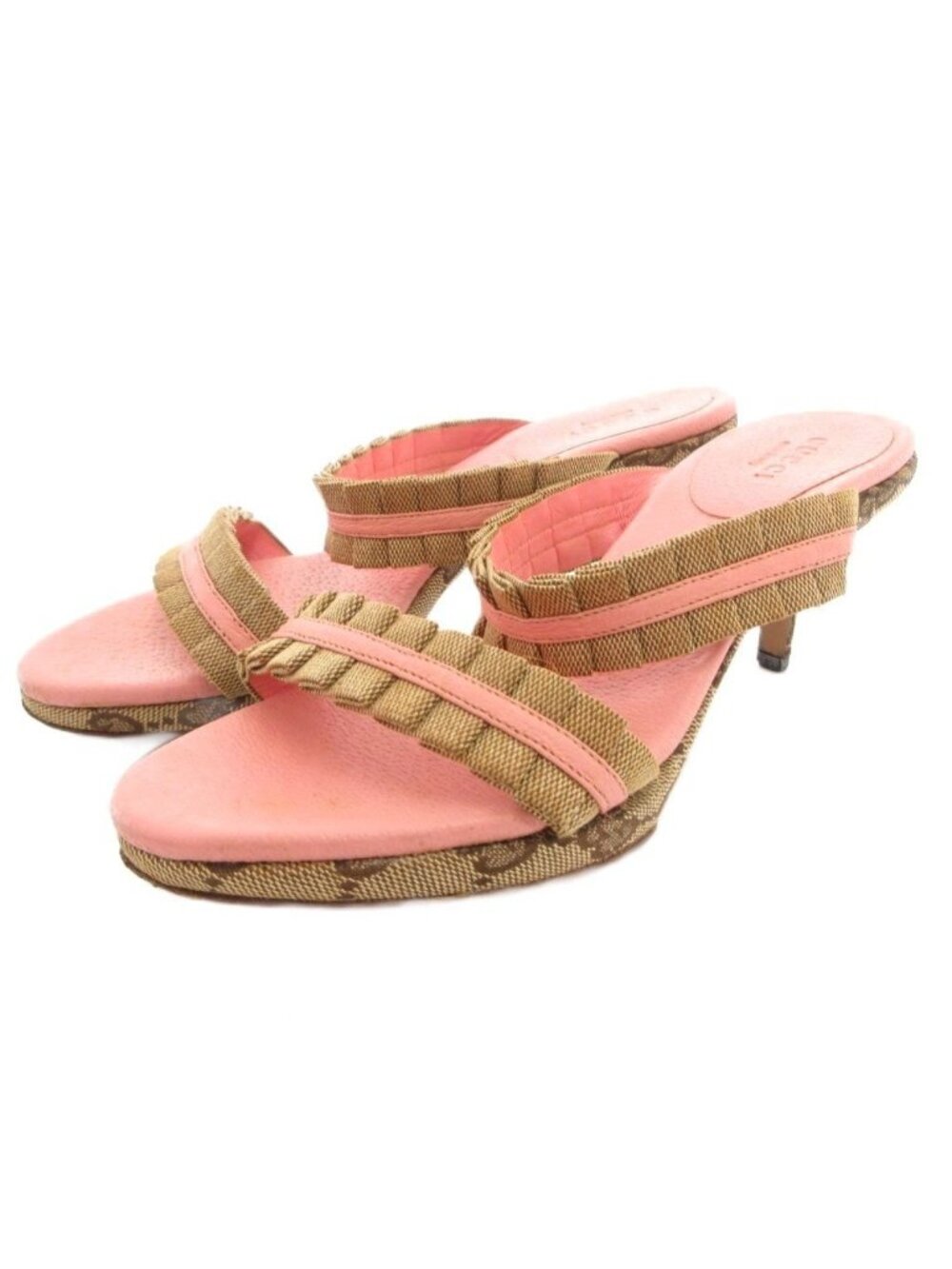 Gucci Sandals GG Pattern Ruffles Canvas Leather Pink Beige Heel
